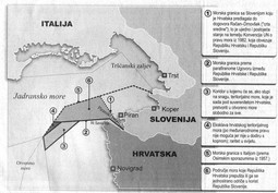 Pomalo zamršen prikaz sporazuma Račan Drnovšek na kojem se vide dvije važne stvari: vidi se točka na kojoj se razdvajaju hrvatsko i talijansko teritorijalno more, a vidi se i da granica iz Piranskog zaljeva, ma kako je god povukli, ne doseže do nje