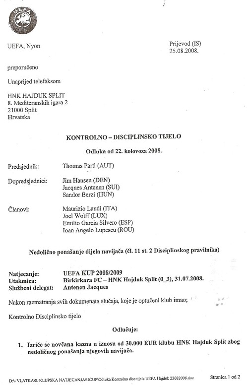 Uefin dopis Hajduku; prvi dio