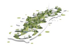 Edukativni centar izgleda poput staze koja okružuje park sa zelenilom, jezerima i vodoskokom