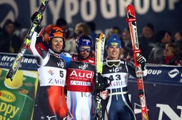 Prva tri skijaša današnjeg slaloma: Ivica Kostelić, ovogodišnji sljemenski kralj Jean-Baptiste Grange te Giuliano Razzoli (foto: Igor Šoban)