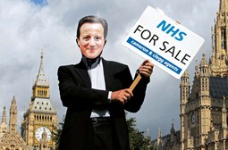 Prosvjednik s maskom premijera Jamesa Camerona je protiv novog sustava zdravstva