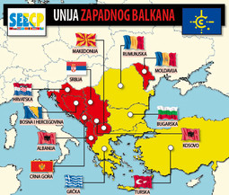 NOVA CEFTA (crveno) dobit će čelnu instituciju sa sjedištem u Bruxellesu; žutom bojom označene su zemlje koje će zajedno s državama Cefte činiti političku organizaciju proizišlu iz SEECP-a