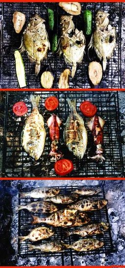 Šanpiero ili kovač na gradelama (gore)
Pečena riba na suhim gradelama (sredina)
Pečena riba na hladnim gradelama