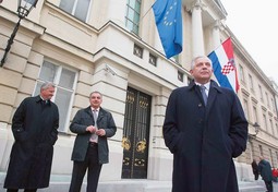 IVO SANADER IN FRONT OF PARLIAMENT with Mario Zubovic (left), one of the eight Members of Parliament on whose loyalty he can count