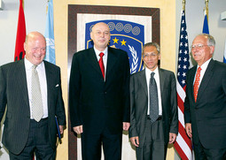 AGIM ÇEKU Prime Minister of Kosovo (second from the left) with the special envoys for Kosovo, the American Wisner, the Russian Harcenko and the EU's Ischinger