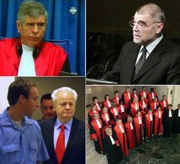 Sudac Richard May, optuženi Slobodan Milošević (dolje), Predsjednik RH Stipe Mesić u svojstvu svjedoka, suci Haaškog tribunala na okupu (desno dolje)