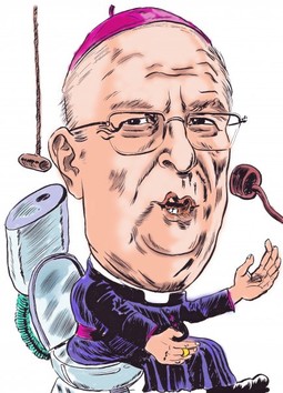 Čelnik Hrvatske biskupske konferencije, biskup Marin Srakić; autor karikature: Tihomir Lovrić