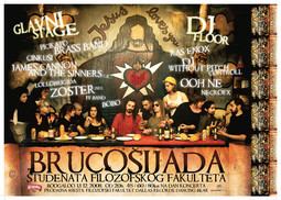 PLAKAT ZA BRUCOŠIJADU prikazuje članove Kluba studenata Filozofskog fakulteta kako sjede za stolom poput Isusa i 12 apostola, ali uz gomilu pivskih boca