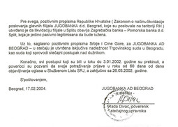 Dopis stečajnog upravitelja Jugobanke poslan 2004. iz Beograda Općinskom sudu u Splitu