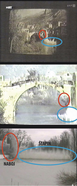 Prva fotografija pokazuje snimku ORF', na kojoj se vidi podizanje stupa vode do visine pola mosta istodobno kad se i u istočnom osloncu mosta uočava crni dim, snimka u sredini je od TV Mostara i malo je drugačijeg kuta te je crni dim uočljiviji, i na zadnjoj snimci pokus hrvatskih stručnjaka koji dokazuje da bi se aktiviranjem detonirajućeg štapina pod vodom podigao stup vode identičan sa snimke rušenja Starog mosta